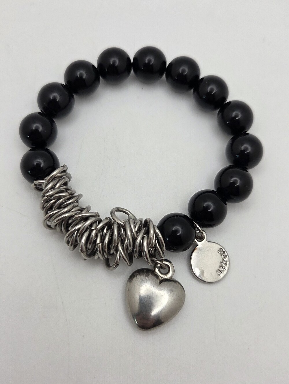 Sterling-Inspired Black Beaded Heart Charm Bracelet